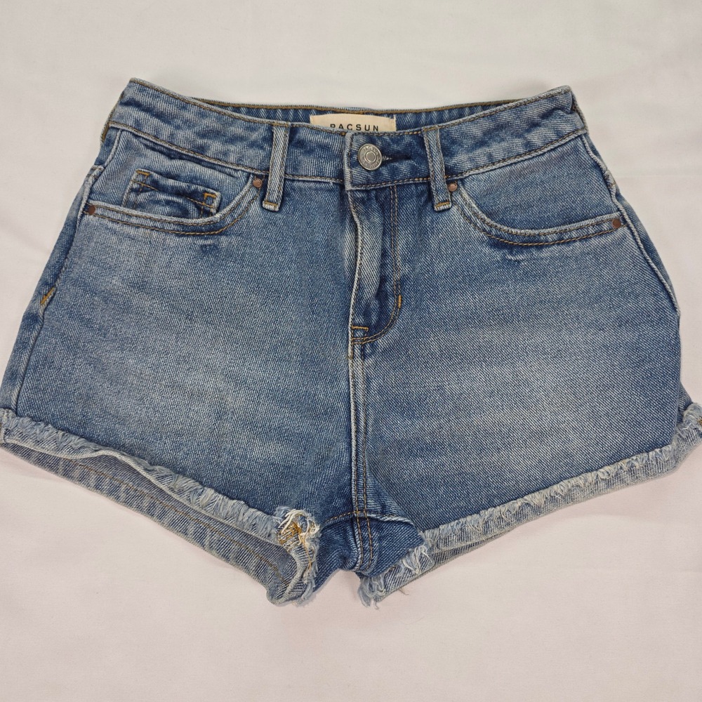 PacSun High Rise Denim Shorts Medium Wash Frayed Raw Hem Size 22